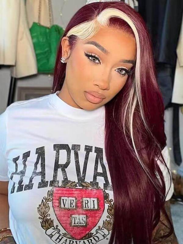 13x4 Long Red And Blonde Straight Lace Front Wigs Wine Red And Honey Blonde Skunk Stripe Wigs Middle Parting Heat Resistant Fiber Hair For Women 26 Inch, Lace Glueless Wig