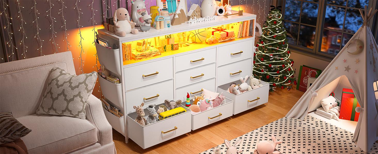 【24H Online Help】Raybee 10-Drawer Vanity LED Dresser with Side Pockets & Hooks, Modern Storage Cabinet with Wood Top, Fabric Drawers with Metal Frame, Space Saving Organizer for Small Apartments, Bedrooms, Dorm, Cute Cozy Home Decor,Easy Assembly