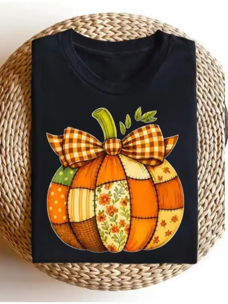 Patchwork Plaid Bow Pumpkin Graphic T-Shirt, Vintage Fall Harvest Casual Short Sleeve Tee