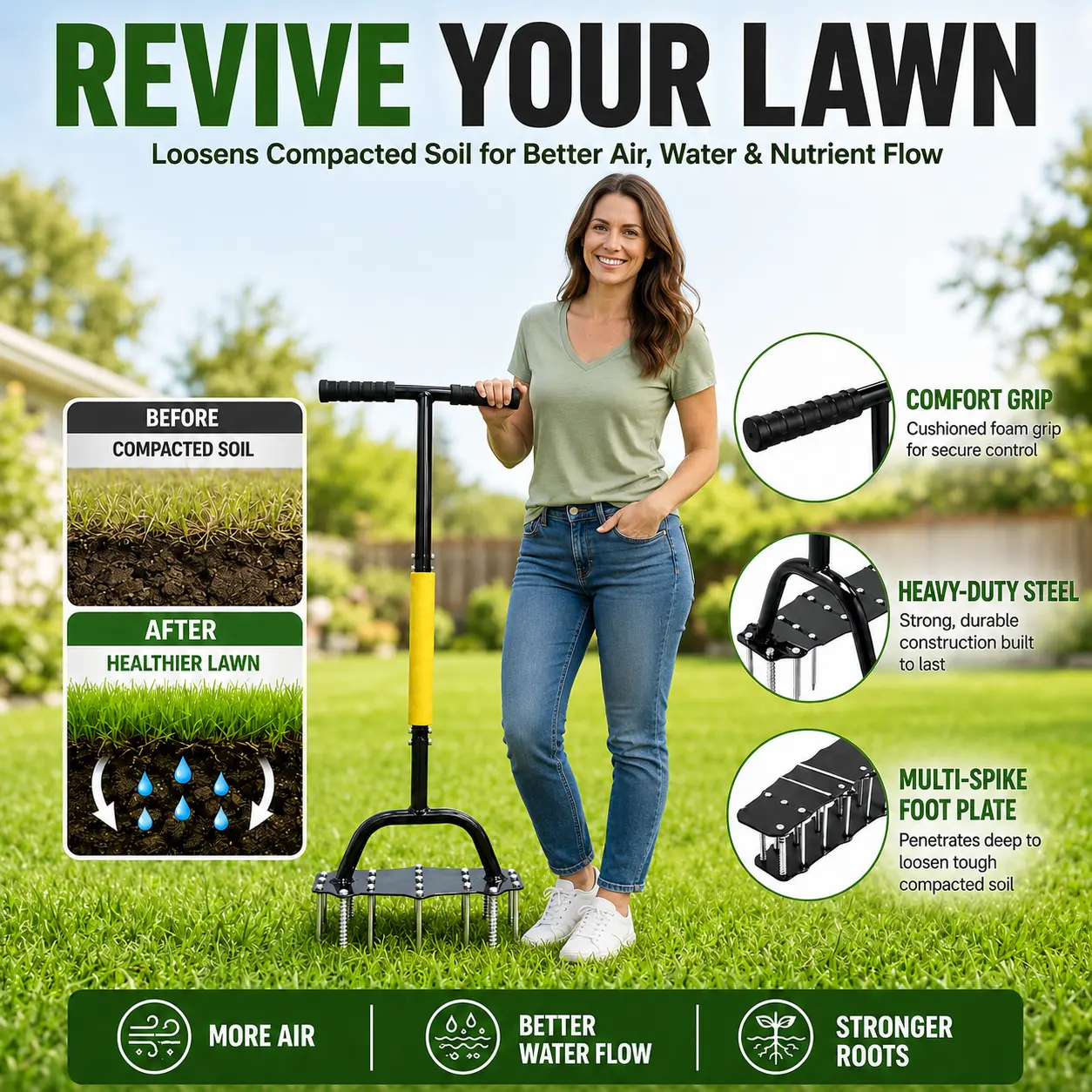 Lawn Aerator Tool with Automatic Dirt and Leaf Cleaning Design, Grass Aerator for Yard and Garden, Helps Renovate Soil, Improve Permeability, and Restore Lawn Health, Heavy-Duty Metal Spring Lawn Aerator Tool with 17 Iron Spikes, Height Adjustable.