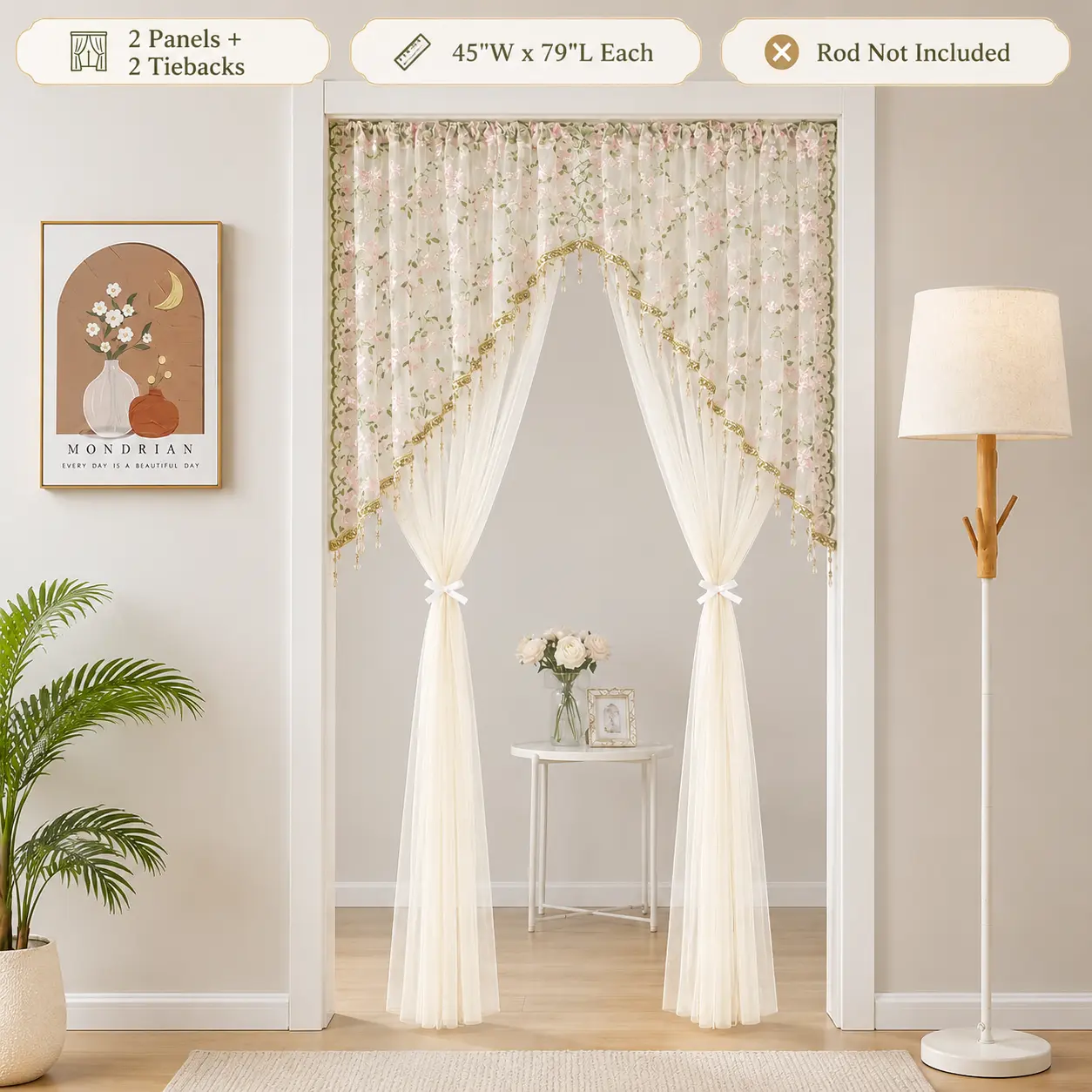 Sheer Floral Doorway Curtain, Elegant Lace Door Curtain with Tassel Trim, Privacy Room Divider for Bedroom, Closet, Kitchen & Apartment