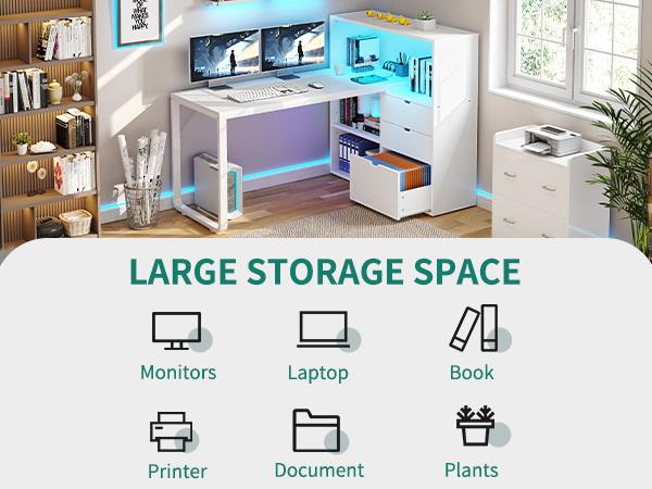 Yitahome L Shaped Desk with Power Outlets & LED Lights & File Cabinet, 55" Corner Computer Desk with 3 Drawers & 3 Storage Shelves, Home Office Desk with Bookshelf