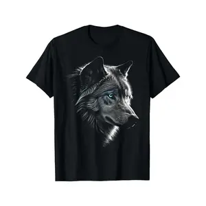 Men's Casual Wolf Portrait T-Shirt - 100% Cotton, Crew Neck, Short Sleeve, Blue Eye Wolf Design, Loose Fit, Machine Washable - Perfect Summer Gift for Adults, Casual Wear | Loose Fit Top | 100% Cotton Shirt