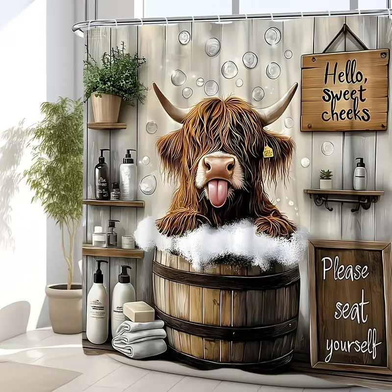 Cute Humorous Farmhouse Shower Curtain, Funny Highland Cattle Bathing Design, Includes Hooks, Suitable for Bathroom Decor