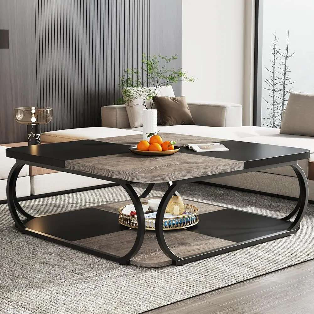 Tribesigns 39 Inch Coffee Table With Open Storage for Living Room, Square Wood Center Tea Table, Farmhouse Style With Metal Frame, Black Rustic Grey