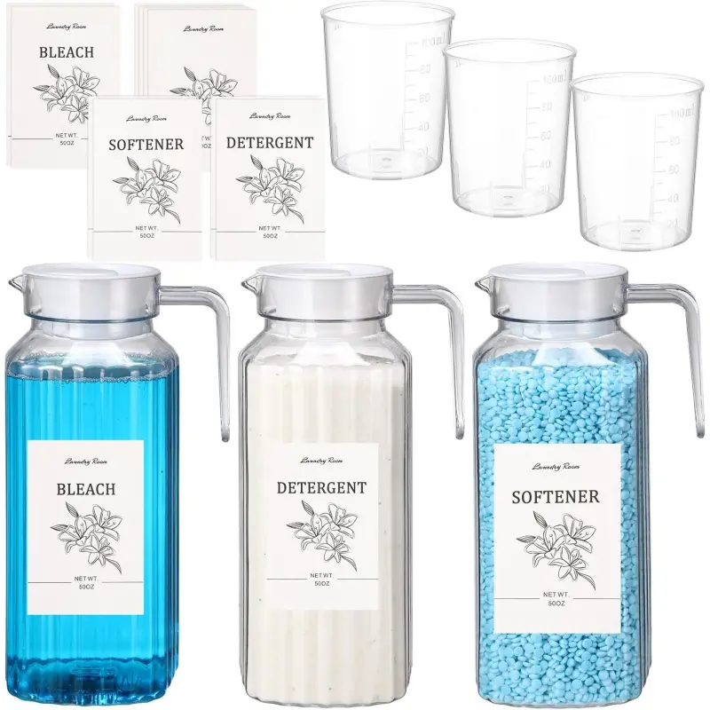 3 Pcs 50 oz Laundry Room Organization Storage Containers - Detergent, Fabric Softener, Bleach Holders with Labels and Measuring Cups