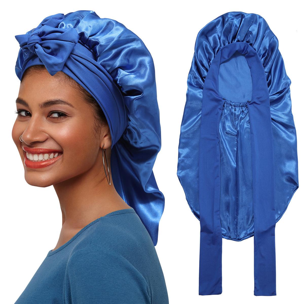 Single-Layer Summer Cool Style Solid Color Long Satin Bonnet Sleep Cap Adjustable Care Nightcap for Women Braids Curly Hair Natural Hair Wrap for Sleeping Cap with Tie Band Elastic Hair Care Bonnet