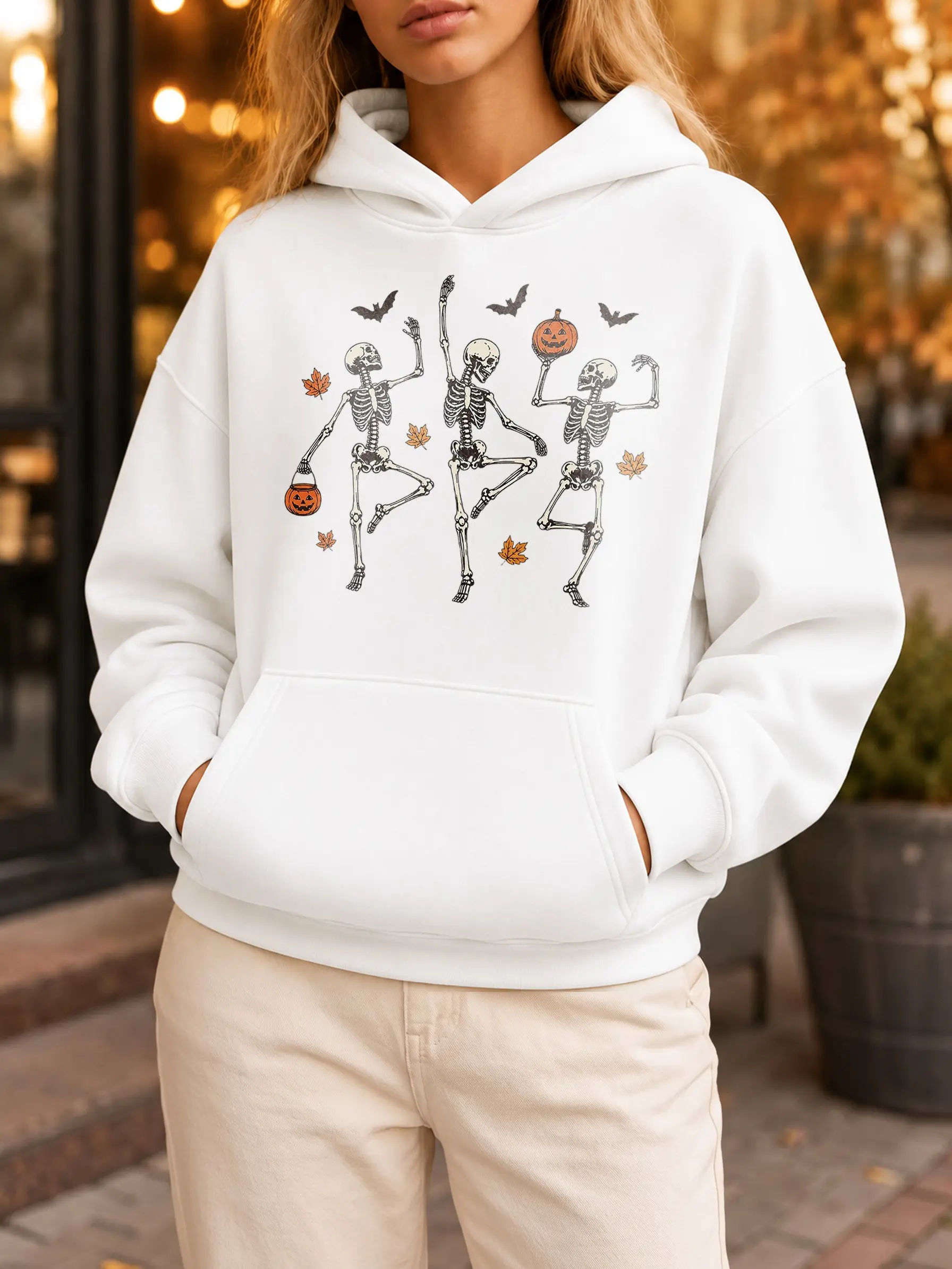 Dancing Skeletons Halloween Hoodie for Women, Vintage Aesthetic Fleece Pullover, Casual Comfortable Fall Apparel with Kangaroo Pocket, Cotton, Essential, Everyday, Fabric, Fashion