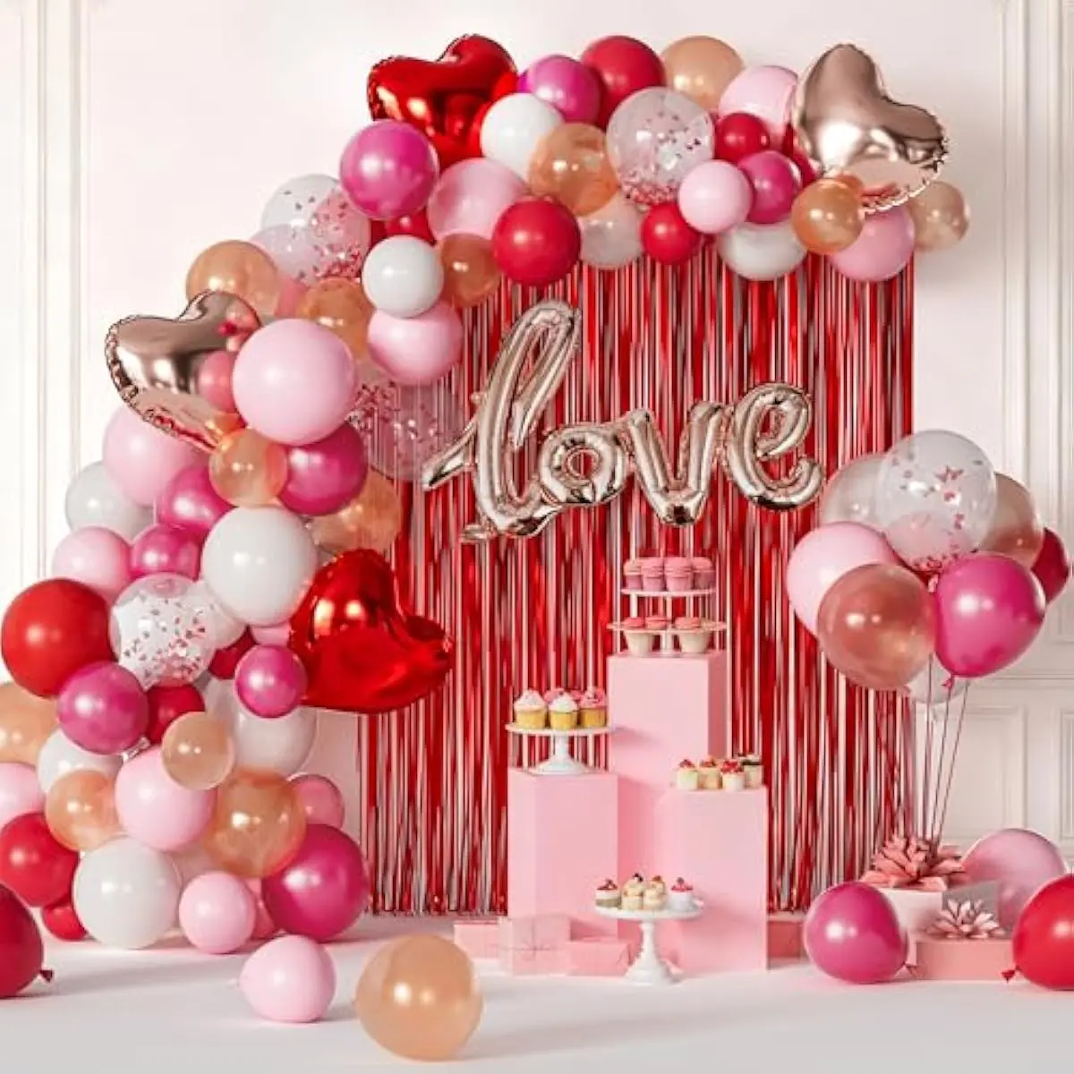 338 Pcs Valentine's Day Balloon Arch Set, Red White and Pink Balloons with Metallic Tinsel & Dot Glue Sticker & Tying Tool, Galentine's Day Wedding Proposal Party Backdrop Photo Booth
