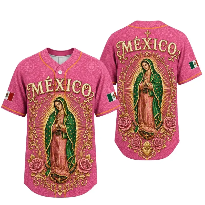 Pink Virgin of Guadalupe Baseball Jersey - Mexico Inspired Button-Up Sports Shirt, Floral Faith Graphic, Lightweight Athletic Streetwear, Religious Gift for Catholic Fans