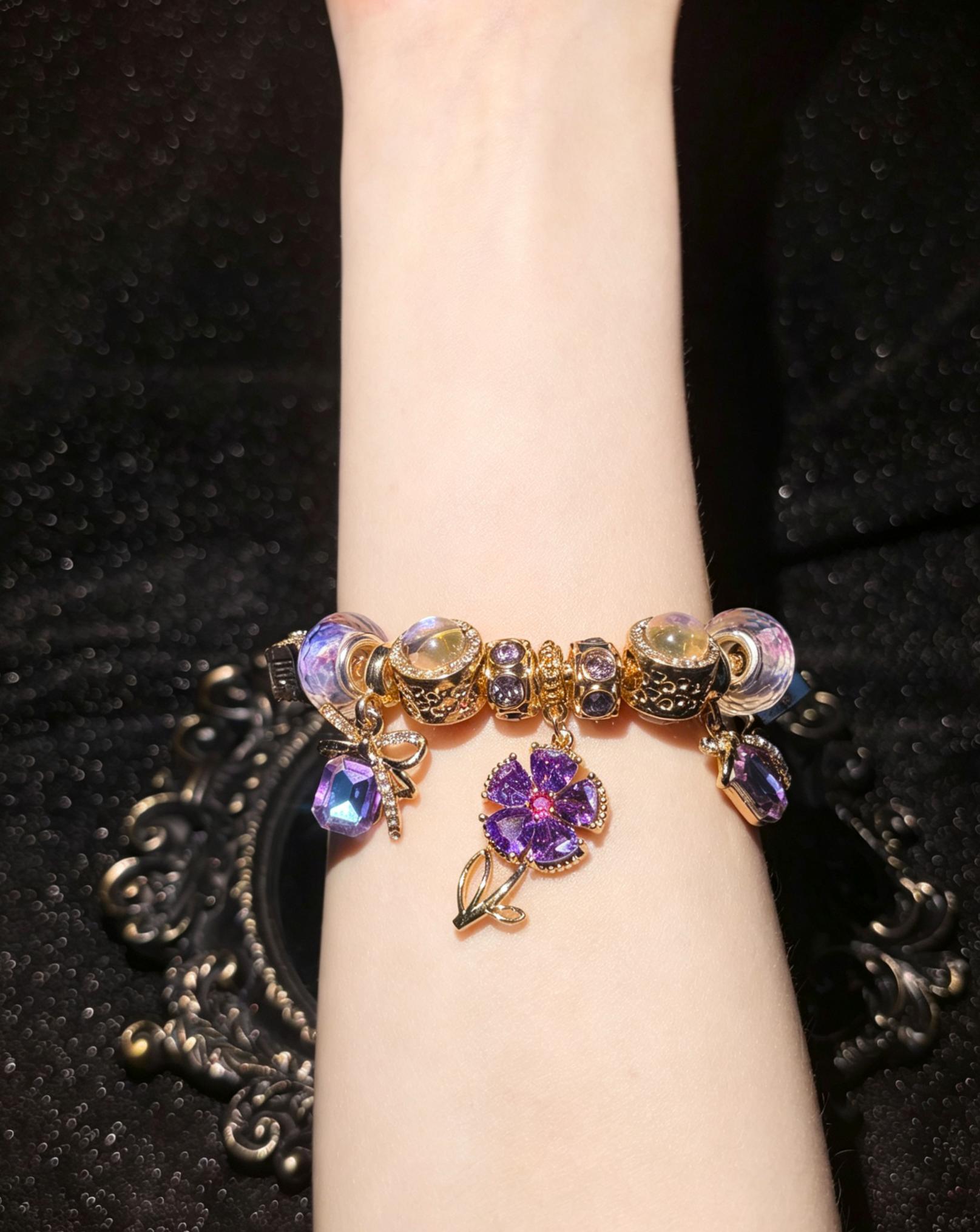 Women's Gold-Tone Purple Flower Charm Bracelet - Iridescent Crystal, Bow Star Pendants, Adjustable Length, Vintage Luxurious Statement Jewelry, Party Ready Costume Accessory