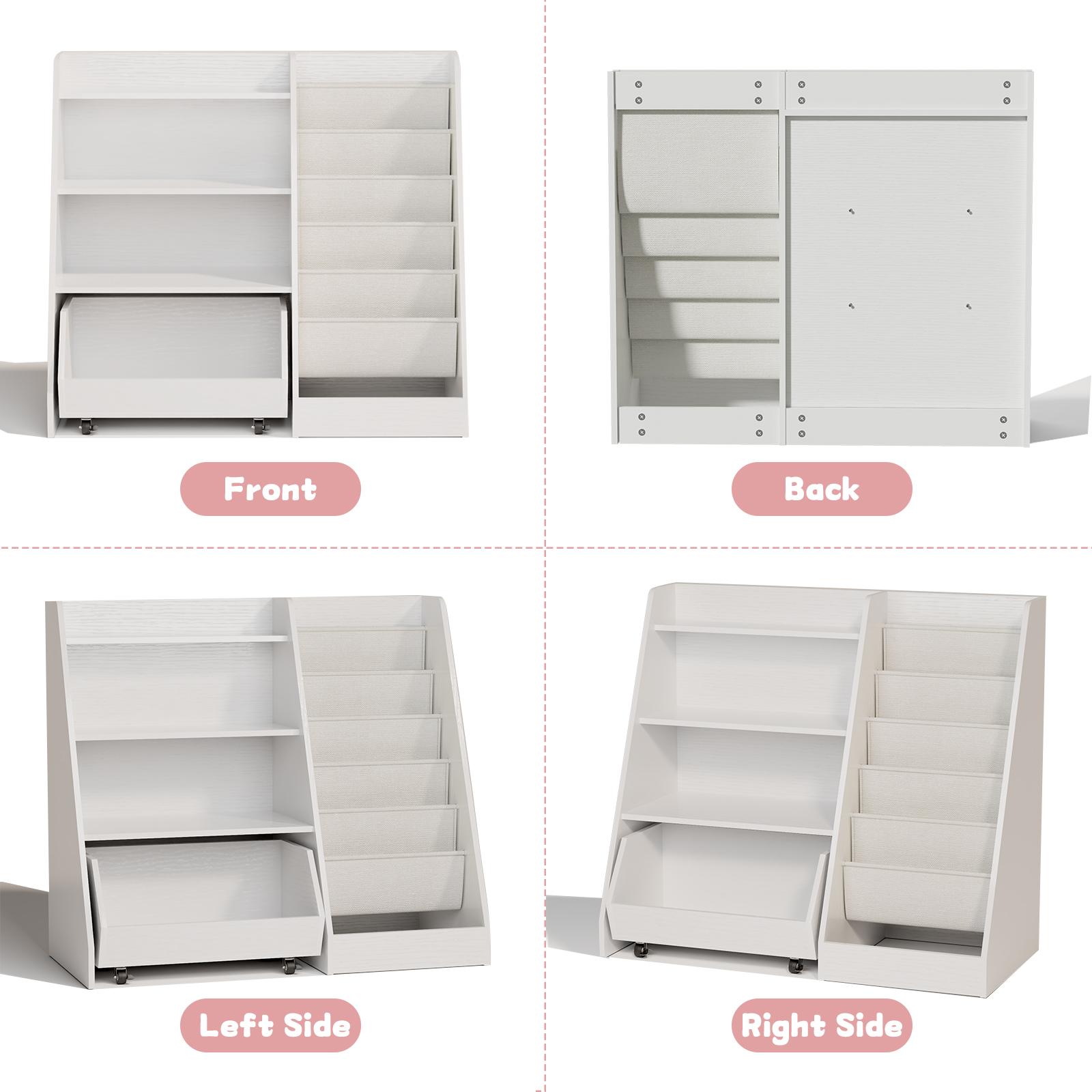 4-Tier Rolling Toy Storage Cabinet for Kids, 5 Layer Sling Toddler kids furniture,Baby Furniture Book Rack,Book and Toy Organizer Cabinet  with Wheels , White.