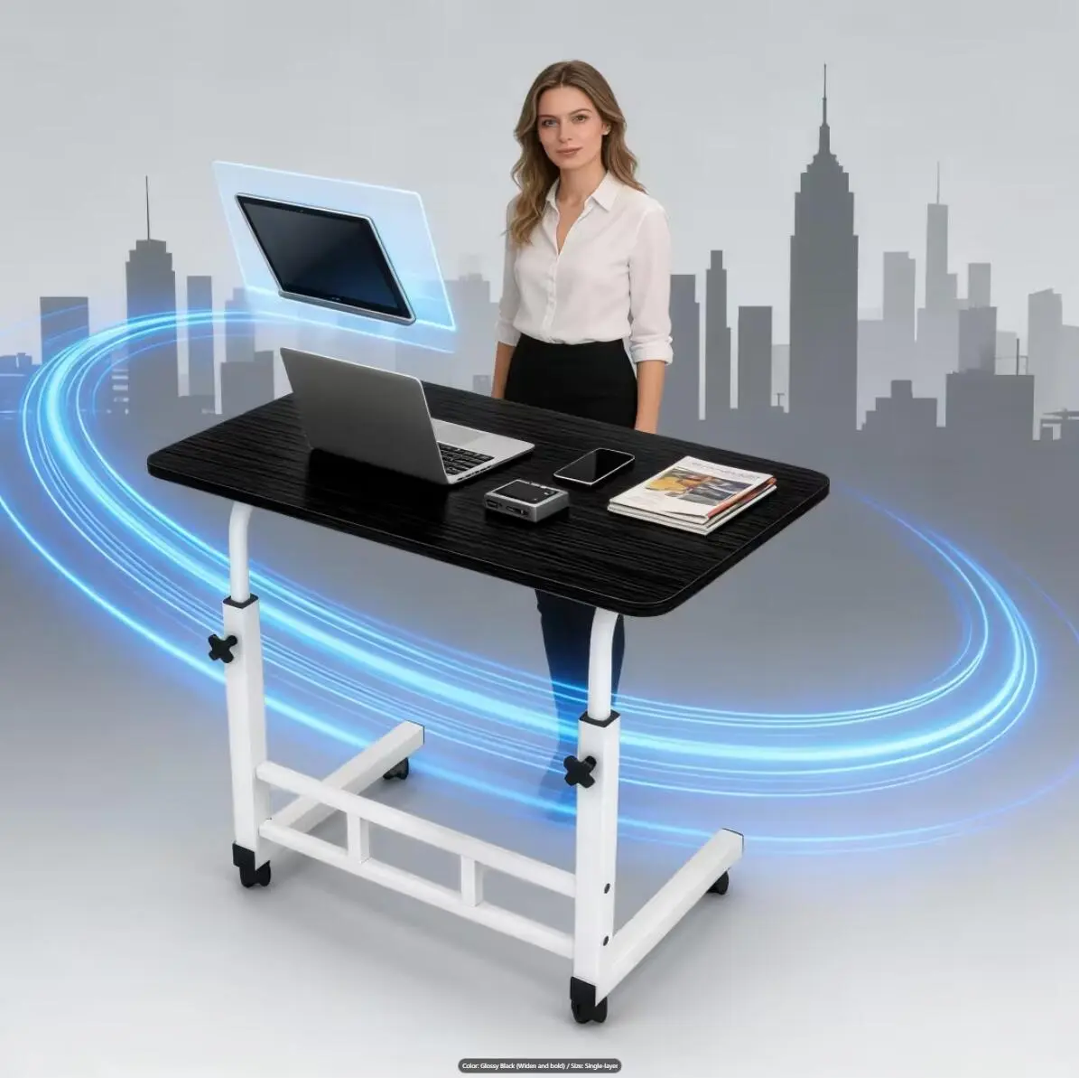 (1pc Pack) Adjustable Height Rolling Mobile Table Desk - Heavy Duty Foldable Computer Desk with Storage Shelf, Wood/Metal Frame Space-Saving Workstation Office, Bedroom, Easy Assembly