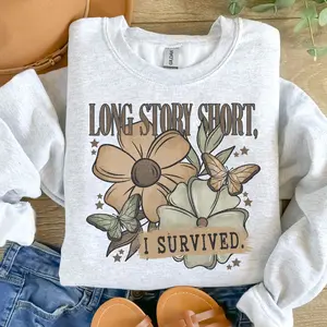 Mental Health - Long Story Short I Survived Sweatshirt - Ash Grey - Mental Health Sweatshirt Pullover Soft Unisex Womenswear Cotton Fabric