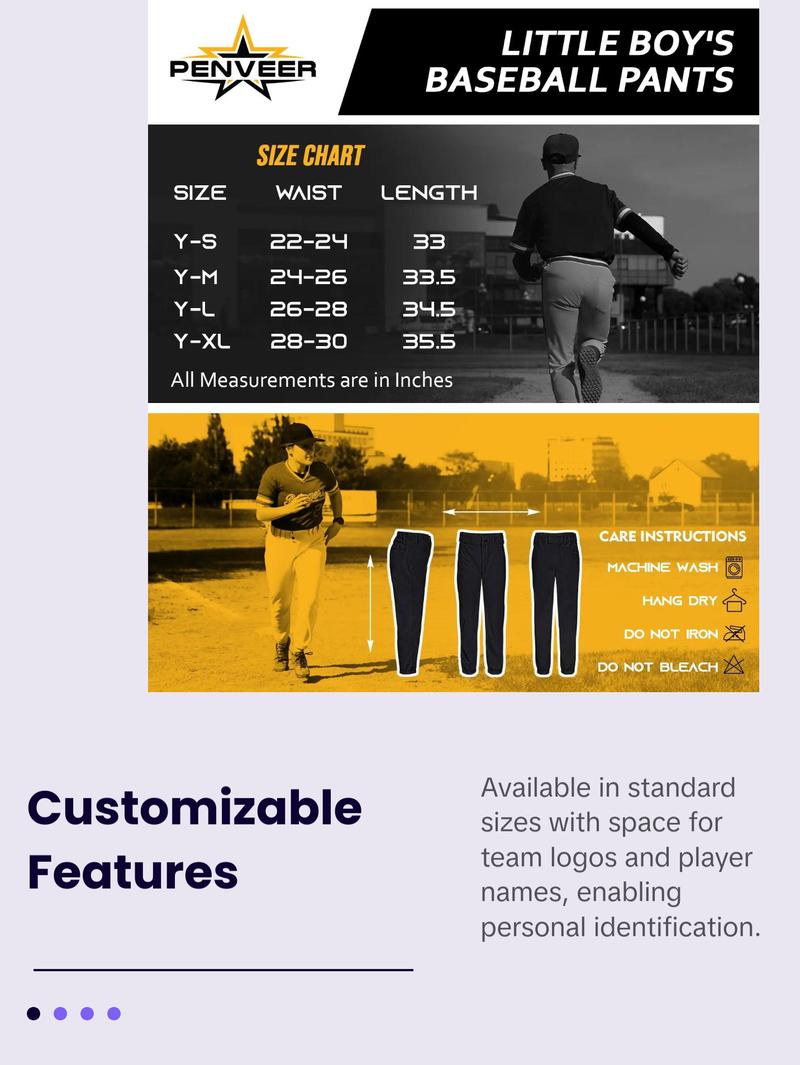 Penveer Pull-Up Youth Baseball Pants, Quarter Open Fly Boys Baseball Pants with Durable Snap & Elastic Bottom, T Ball Pants (Black) Athletic Outfits Sporty Style Clothes