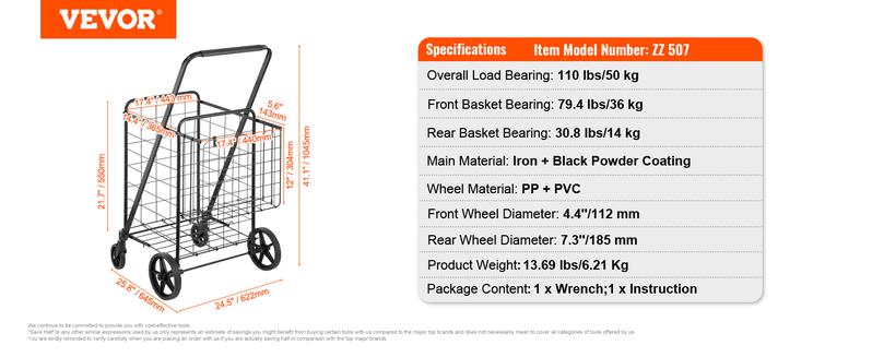 VEVOR Folding Shopping Cart, Jumbo Grocery Cart with Double Baskets, 360° Swivel Wheels, Heavy Duty Utility Cart, 110 LBS Large Capacity Utility Cart for Laundry, Shopping, Grocery, Luggage