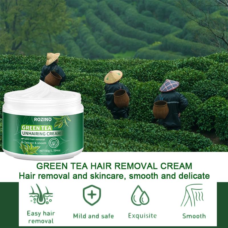 ROZINO Green Tea Unhairing Cream - Painless Gentle Hair Removal for Body Face Bikini Lines & Sensitive Skin - Removes Short Thick Hair - Natural Formula 50g
