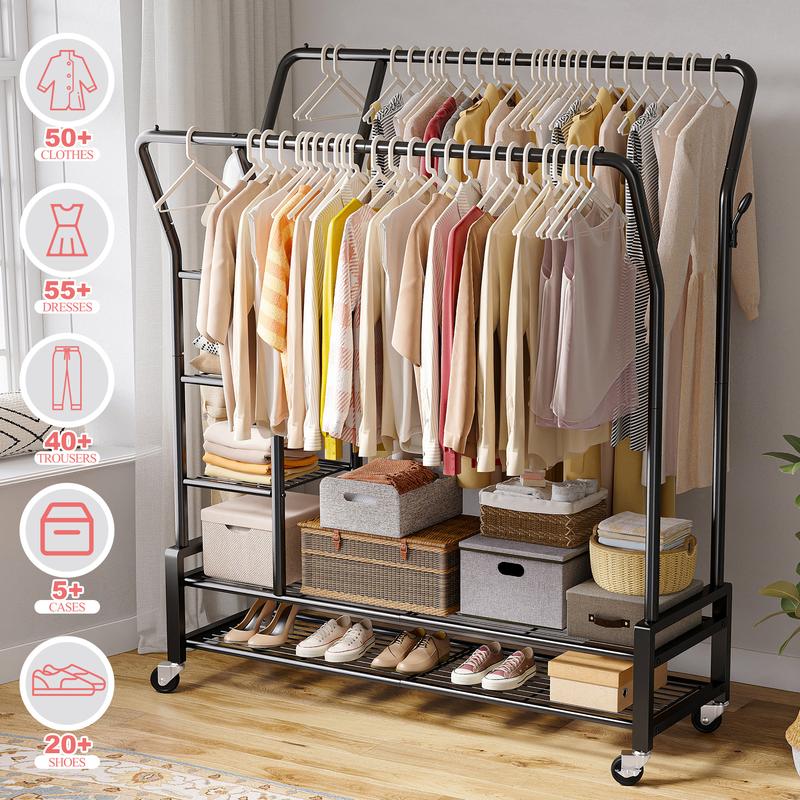 Raybee Clothing Rack with Shelves &Double Hanging Rods, Portable Clothes Rack with Wheels Rolling Garment Rack,  HangingClothing racks Holds Up to 245LBS, Metal Closet Rack, Clothes Organizer Solutions 43.3"Wx22"Dx70.3"H