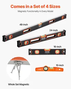 4-Piece Fully Magnetic Aluminum Alloy Torpedo Level Set, 48/24/16/10 In Levels with Fluorescent Light-Up Bubble Vials, SAE/Metric Scale for 45/90/180 Degree Measurements