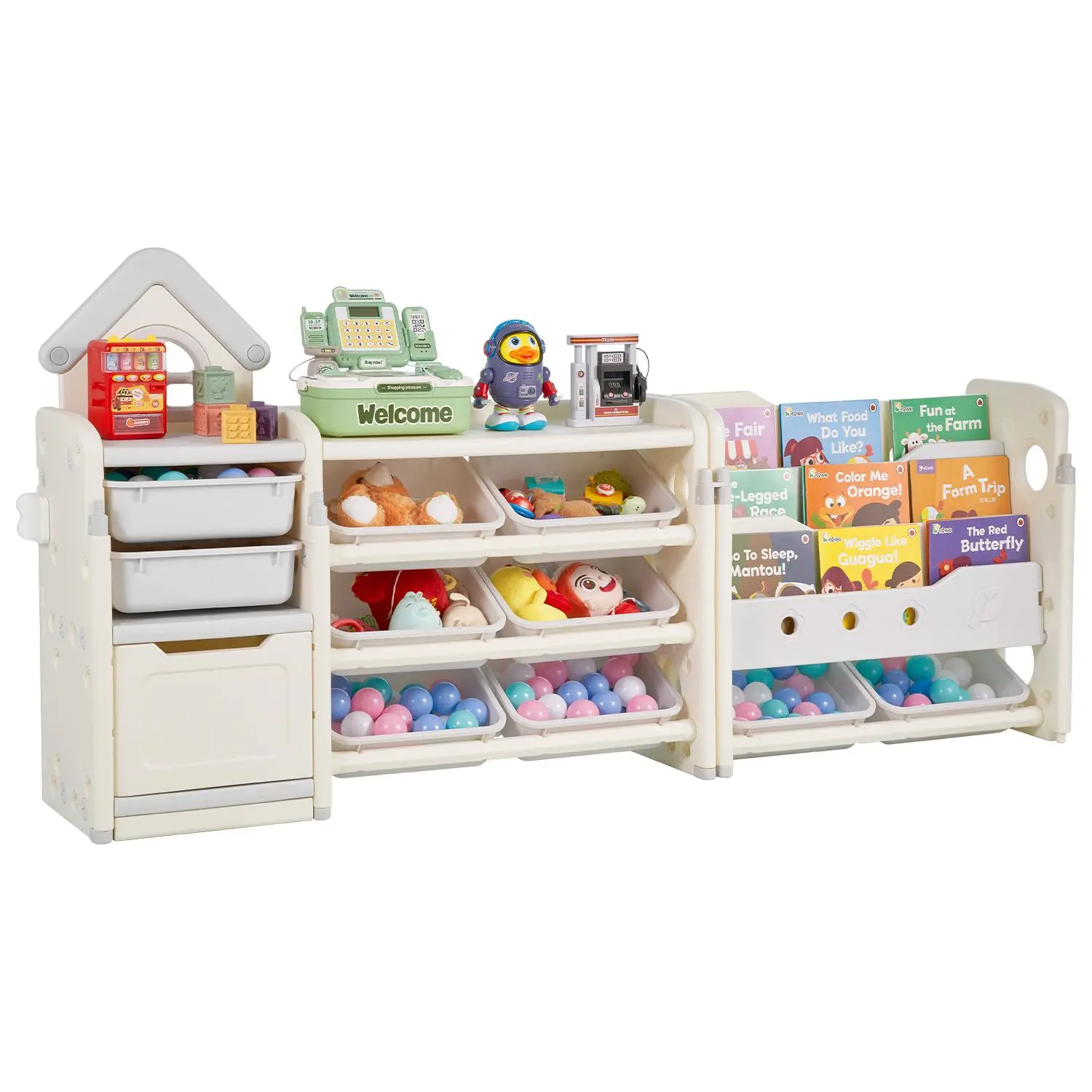 【SummerFinds】VEVOR Kids Toy Storage with Bookshelf,  , 4-Tier Toy Storage Organizer with 10 Movable Plastic Bins, Kids Cubby Cabinet with Bookshelf for Study Room, Bedroom, Playroom, Classroom, Nursery, Gray + Beige