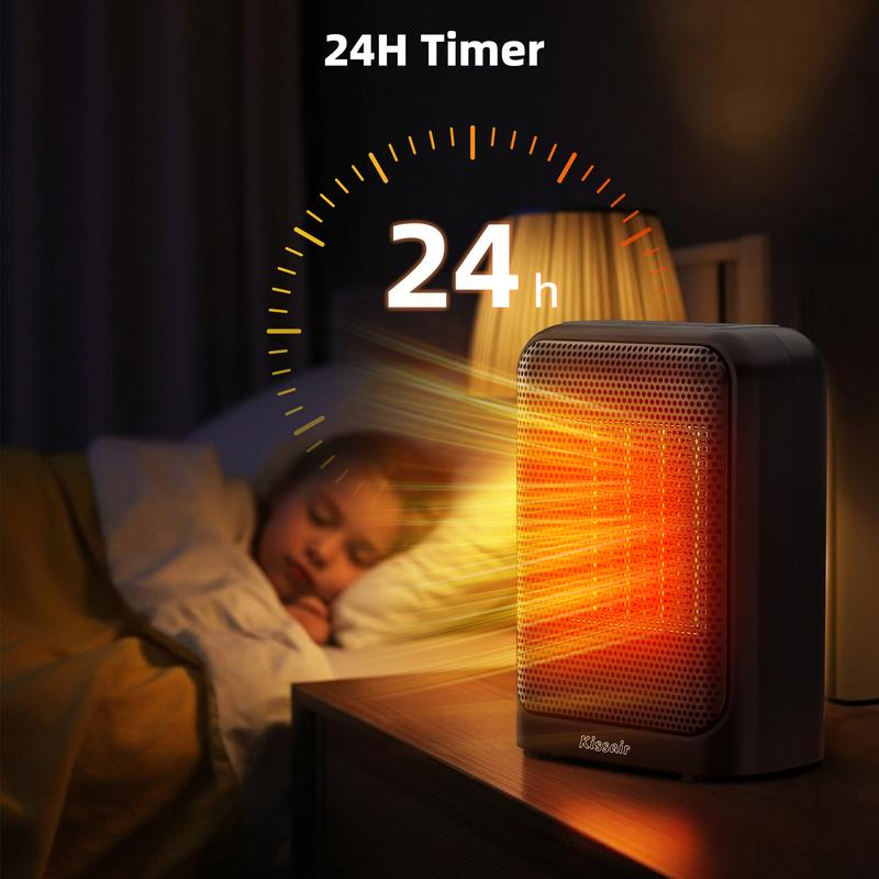 KISSAIR Ceramic Fast-Heating Space Heater: 24-Hour Timer + LED Display, Overheat & Tip-Over Protection (Safer), Quiet DC Motor, Eco/Sleep/Child Lock Modes, Precise NTC Sensor (77°F - 95°F) — For Bedrooms, Offices, Small Apartments, Bathrooms