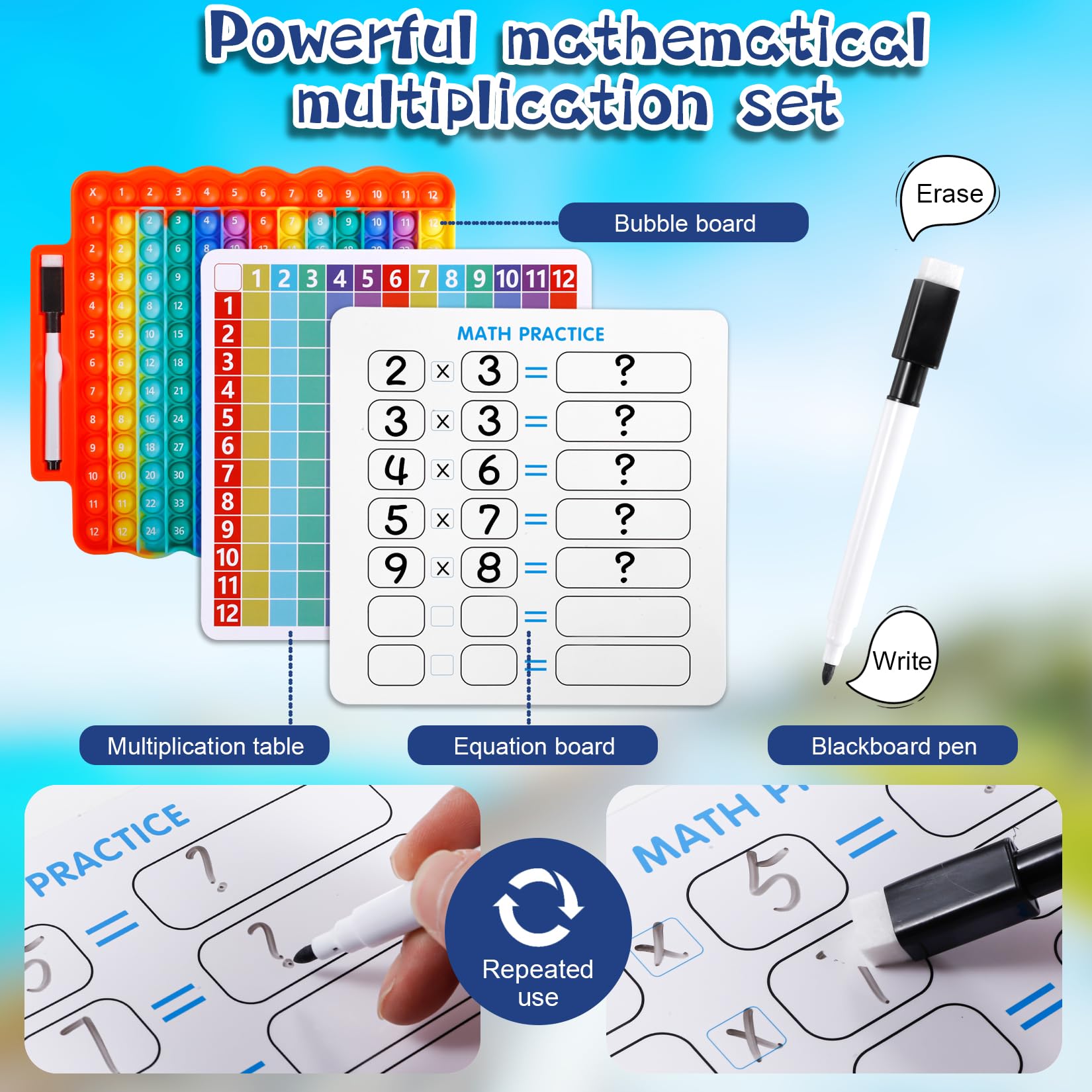 Multiplication Flash Cards Grade 3 Bouncing Stress Relief Toy Multiplication Bounce Cards Learning Educational Tool Educational Math Game Board Includes Marker Pen Multiplication Table 12×12 Math Addition Stress Relief Game Stress Relief Toy