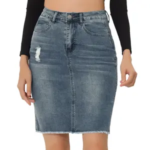 INSPIRE CHIC Basic Distressed High Waist Ripped Hem Washed Jeans Denim Skirt Blue Grey