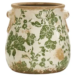 Nearly Natural 6.5" Tuscan Ceramic Green ScrollPlanter Vintage Floral Print Vase for Indoor Use No Drainage Holes Required