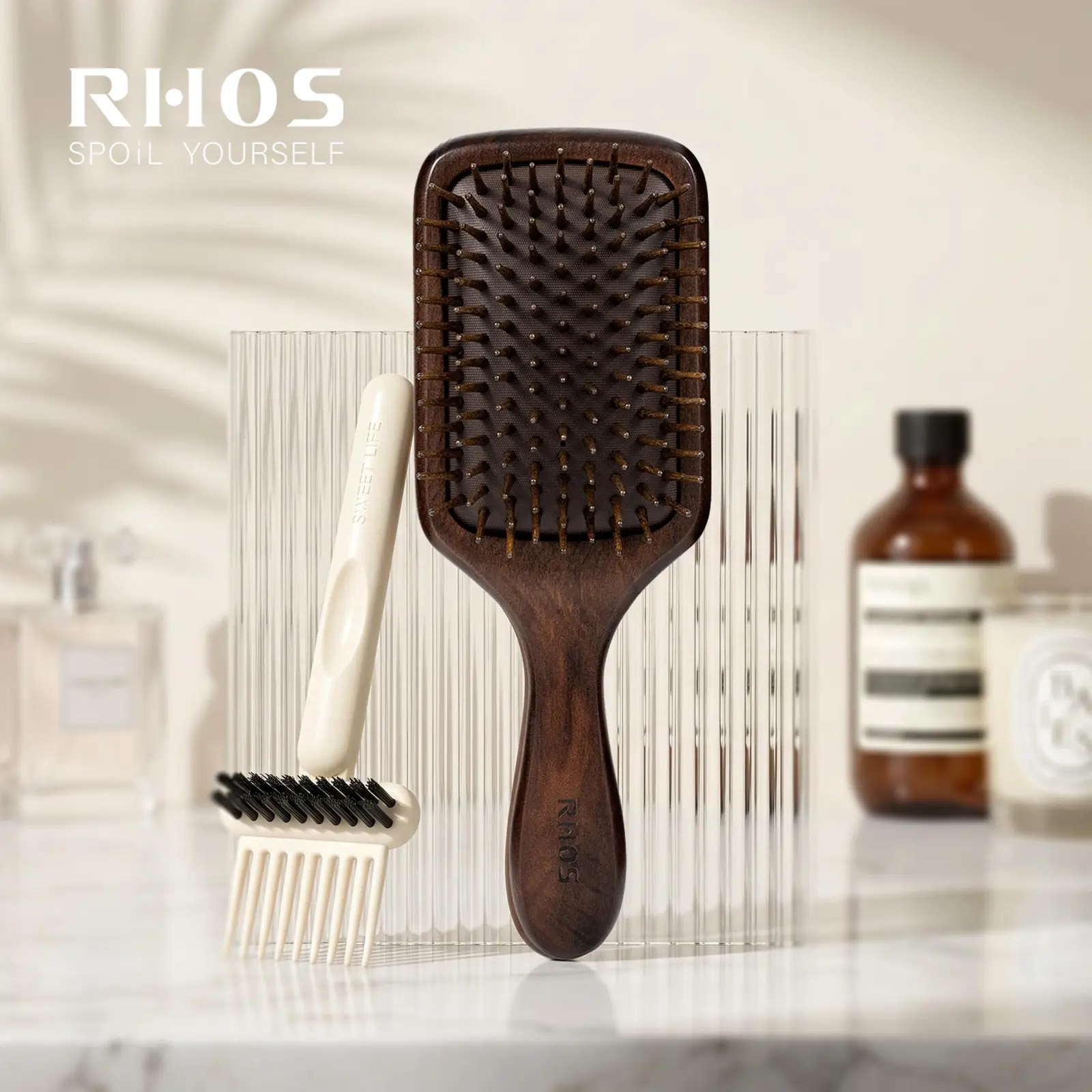 RHOS Premium Wooden Air Cushion Detangling Brush Set with Free Hair Cleaner Claw - Gentle Scalp Massage, Smooth ASMR Brush, reduces breakage