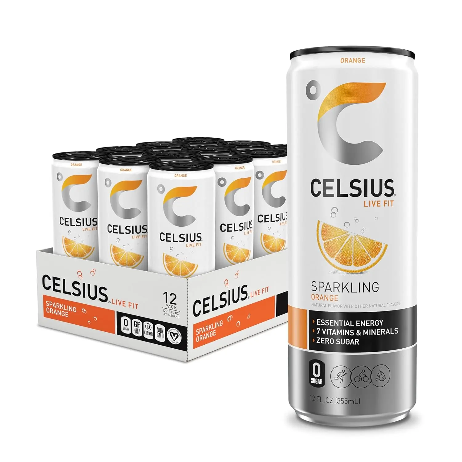 Vegan Sparkling Sugar-Free Orange Energy Drink with 7 Vitamins, 12 Fl Oz (Pack of 12) Sports Beverage