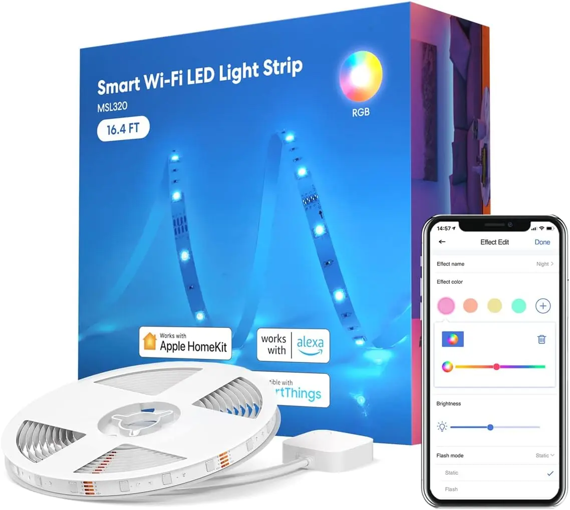 Smart LED Strip Lights, 16.4ft WiFi Strip Work with Apple HomeKit, Alexa, Google Home, and SmartThings, 16 Million Colors with App Control and RGB LED Lights for Bedroom, Living Room, Kitchen