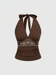 BRANDON MAYS Hippie Spring/Summer Sexy Summer Cool Vacation Halter Neck Bowknot Tie Strap Embroidered Floral Low-Cut Coffee Color Women Tank Top