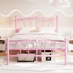 Full Bed Frame for Kids,Pink Full Size Bed with Headboard and Footboard, Heart Shaped Platform Bed Frame, Heavy Metal Slat Support, Noiseless, No Box Spring Needed