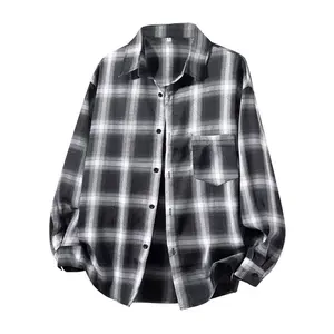 Black-and-white plaid trend shirt for spring and autumn; men’s high‑street, versatile loose‑fit casual collared long‑sleeve shirt jacket; unisex/couples’ classic minimalist everyday commuter shirt; soft, comfortable fabric.