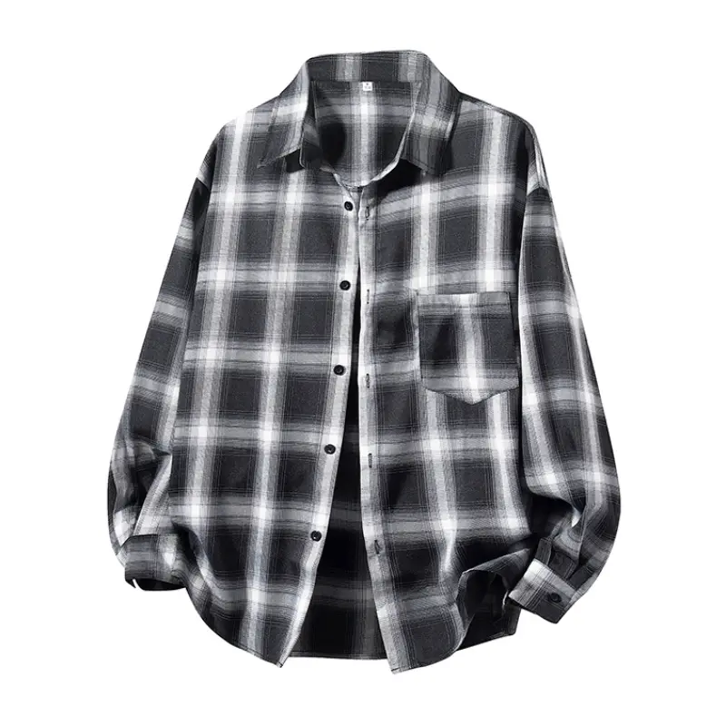Men's Black White Plaid Long-Sleeve Collared Shirt - Menswear Tops with Classic Lapel, 1 Button, Chest Pocket, Casual Cardigan for Spring Autumn Day Daily Commute