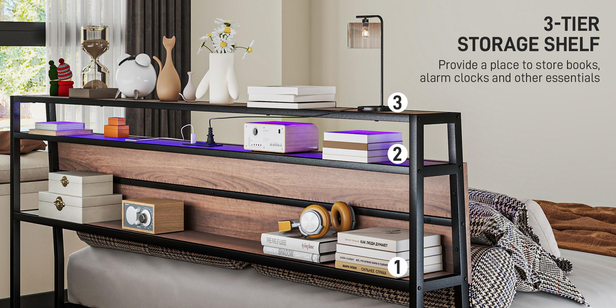 HOMCOM Bed Frame with Storage Headboard, Platform Bed Frame with LED Lights, Charging Station, Steel Slats, Noise-Free & Easy Assembly, No Box Spring Needed