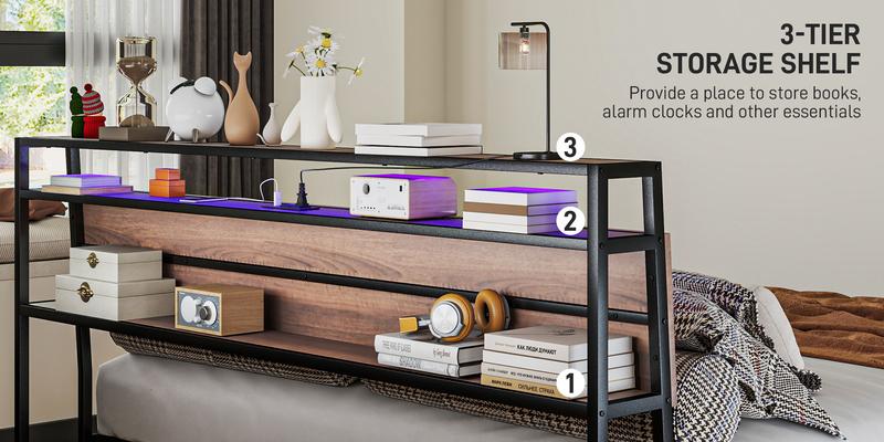 HOMCOM Bed Frame with Storage Headboard, Platform Bed Frame with LED Lights, Charging Station, Steel Slats, Noise-Free & Easy Assembly, No Box Spring Needed