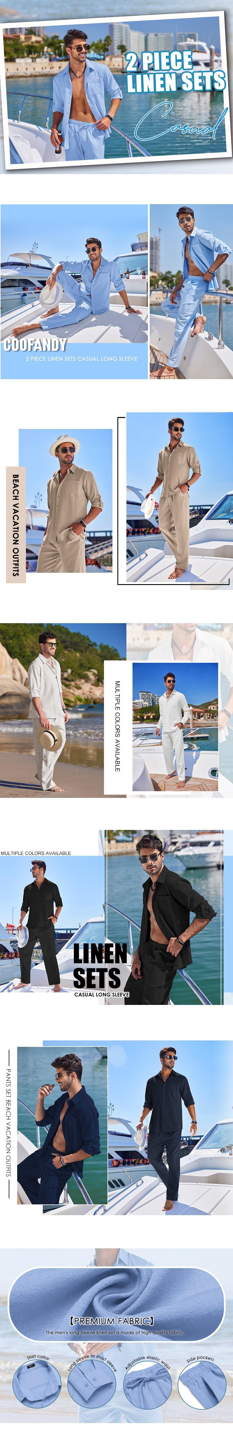 Coofandy Men's 2 Piece Sets Casual Long Sleeve Button Down Cuban Shirt & Loose Pants Set for Beach Vacation Outfits Soft Classic Linen Fabric Coofandy Men's 2 Piece Sets Casual Long Sleeve Button Down Cuban Shirt & Loose Pants Set for Beach Vacation Outfits Soft Classic Linen Fabric