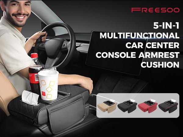 【FREESOO】Multifunctional PU Leather Car Armrest Box Mat with Central Elbow Heightening Pad Storage Box Cup Holder & Car Tissue Box Auto Interior Accessories