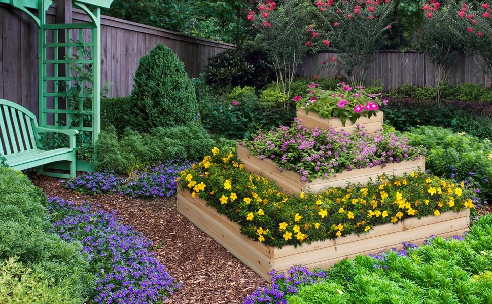 【Fir Wood】Yaheetech 3 Tier Wooden Raised Garden Bed, Horticulture Outdoor Elevated Flower Box, Vegetables Growing Planter for Backyard/Patio/Gardener