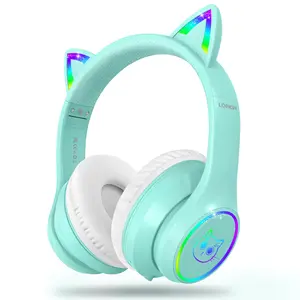 LOBKIN Bluetooth 5.4 Kids Headphones with Case - RGB LED Light Up Cat Ears Foldable Adjustable Over Ear Headphone Support Wireless or 3.5mm Wired Mode for Toddler & Girls & Boys Teens