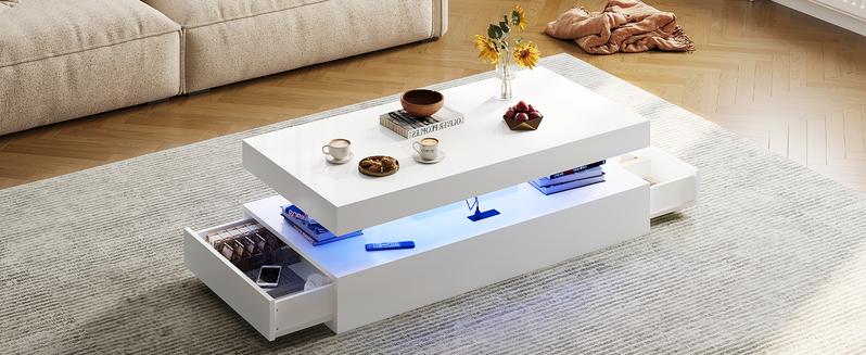 【1 Packages Shipping】oneinmil 47” High-Glossy LED Coffee Table with 2 Sliding Drawers Modern Stylish Double-Layer Center Table with LED Lights White Living Room Storage