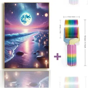 Diamond Painting + Roller Combo Exquisite DIY 5D Diamond Painting Kit Moonlit Beach Art Commemorative Poster Landscape Painting Creative Diamond Art Handmade Gift Rhinestone Embroidery Fashionable Home Decor