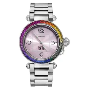 Cartier Pasha C 35mm W31058M7 Stainless Steel Automatic Watch, Pink Dial, Custom Rainbow Bezel WHT027795