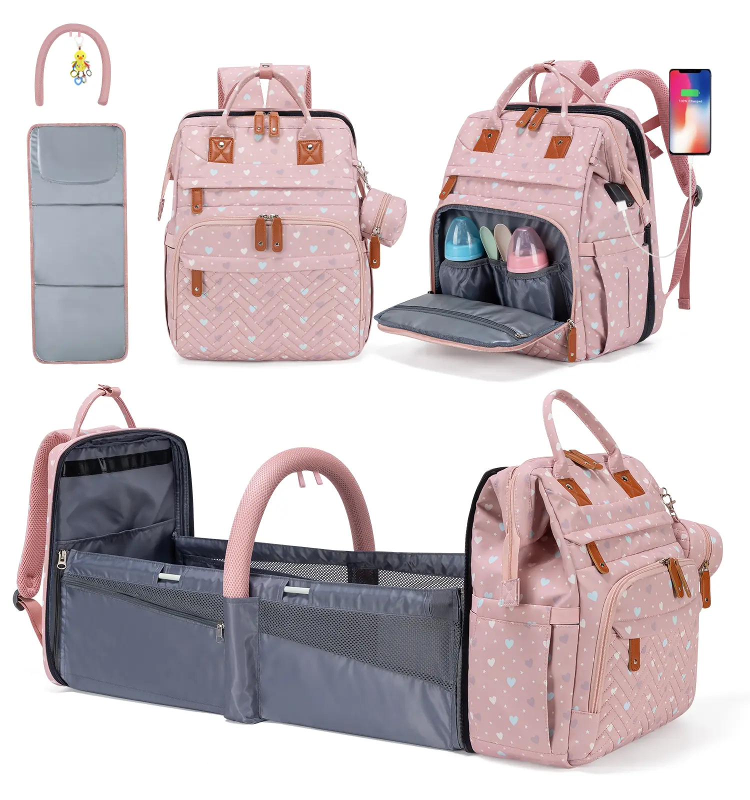 Kabaqoo Unisex Oxford Travel Diaper Bag Backpack, Large Waterproof Multifunctional 15-pocket Order Bag with USB Port, Padded Shoulder Straps, Zippers, Foldable Table, Ideal for All Seasons Parent On-the-Go Changes, Outdoors