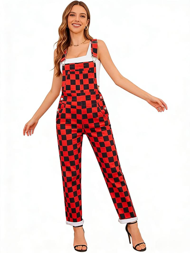 Zhangyan Valentine’s Day Outfit Women’s Checkered Denim Overalls – Stretch Plaid Sleeveless Bib Jumpsuit, Cute Casual Style