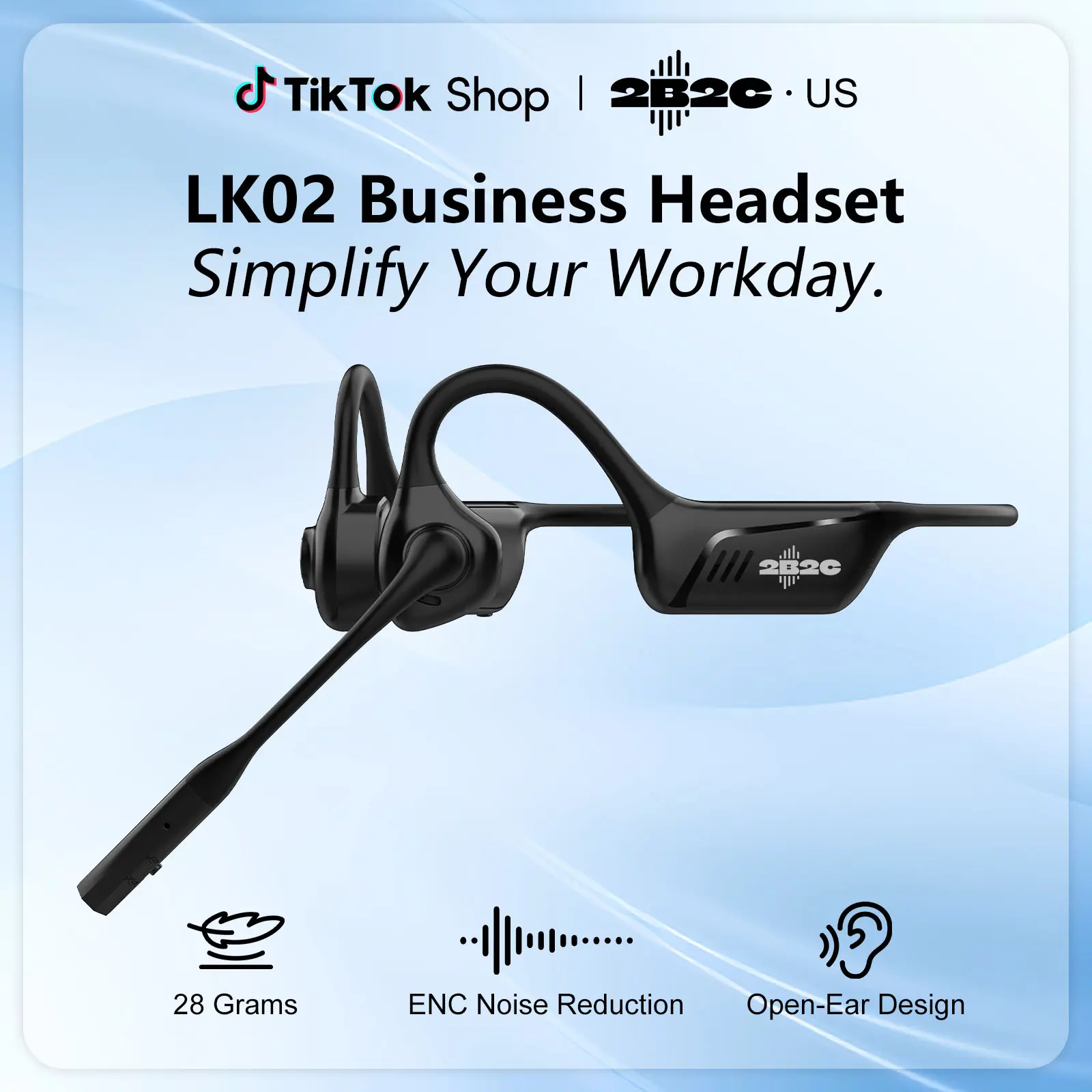 2B2C LK02 Bluetooth Air Conduction Headset with Mic, For Trucker Drivers, Open Ear Wireless Headphones with Bluetooth 5.1/Mute Function/aptX-HD/LL, for Online Meeting/Online Teaching/Office Home Business/Driving Wireless Bt Headset Aluminium Audio Silicon