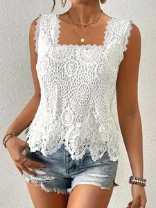 [Elegant Lace Top] Elegant Women's Sleeveless Lace Top with Hook & Flower Design - White, Square Neck, Casual & Versatile for All Seasons
