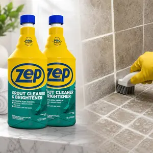 ZEP 32-oz Grout Cleaner and Brightener,stained grout lines,tile floor grout,white grout,tinted grout,acidic formula,tough stains,grime,discoloration,deep clean,bright grout,minimal scrub,2-minute dwell,grout brush,bathroom grout,kitchen tile,shower floors