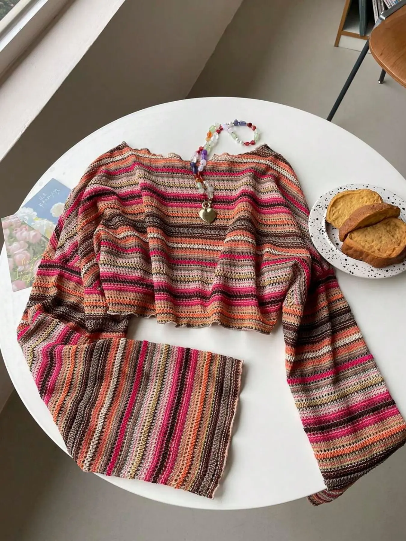 Women's Colorful Striped Textured Loose Fit Knit Top with Flare Long Sleeves, Casual Comfortable Fashion Top for Spring & Fall, Knit Pullover Tops for Vacations, Knitwear, Womenswear, Knitted Clothes
